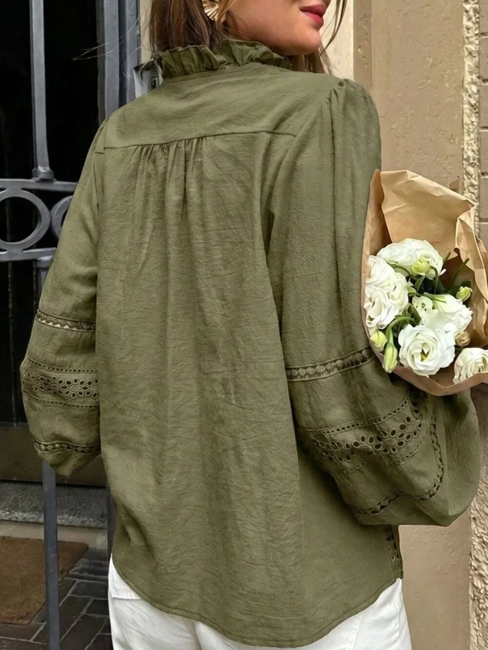 Army Green Casual Women's Minimalist Long Sleeve Shirt